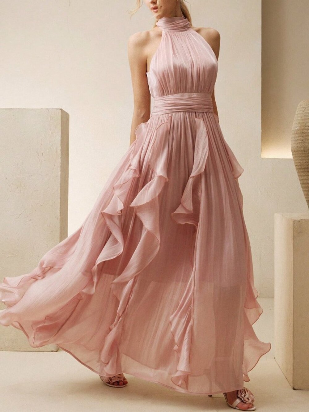 Pink Elegant Women's Sleeveless Halter Long Dress
